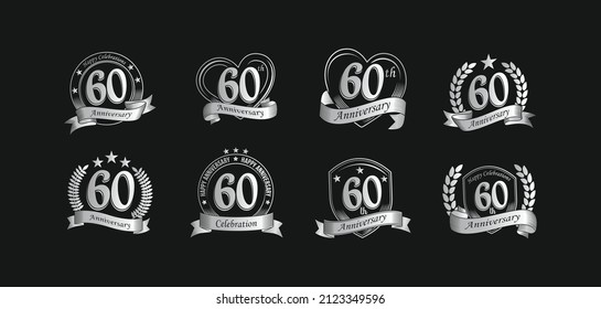 60th anniversary silver badges set. birthday anniversary greeting card elements set vector illustration
