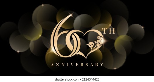 60th Anniversary Symbol With Love Or Heart And Sparkling Glitter Isolated Black Backgrounds. Applicable For Greeting Cards, Invitation, Wedding Anniversary , Banner And Celebration Company Or Business