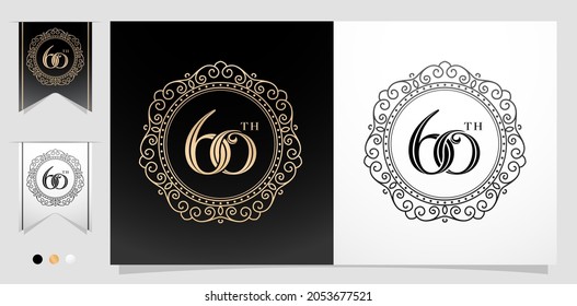 60th With Circle Frame Curly, Ellipse Frame Element With Color Gold Isolated Background, Applicable For Letterpress, Embroidery, Invitation Wedding Anniversary, Greeting Card, And Sign Label