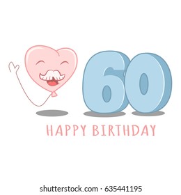 60th Happy birthday template element for design greeting cards, invitations. Cartoon illustration of a balloon character and numbers. Anniversary birthdays vector icon.