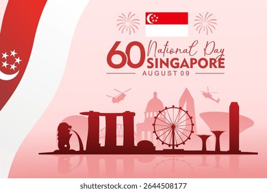 60º Dia Nacional de Singapura Vetor com monumentos icônicos, incluindo Marina Bay Sands, o Merlion, e o Singapore Flyer, e Singapore Flag.