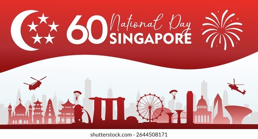 60º dia nacional de Singapura projeto de celebração com marcos da cidade. Banner, cartaz, fundo, cartão comemorativo do dia nacional de Singapura 2025. Ilustração de vetor