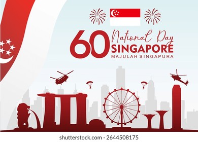60º Dia Nacional de Singapura com Iconic Building incluindo Marina Bay Sands, o Merlion, e o Singapore Flyer. slogan oficial - Majulah Singapura - adequado para banner, cartaz, cartão de saudação.