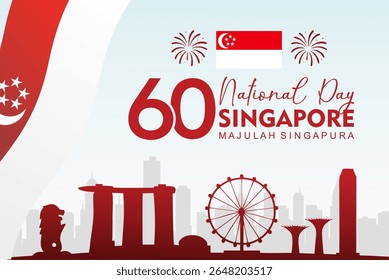 60º Dia Nacional de Singapura com marco de Singapura. slogan oficial - Majulah Singapura - adequado para banner, cartaz, cartão de saudação.