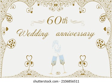 60th wedding anniversary invitation. Original abstract beautiful vector illustration. Golden pattern. Diamond wedding. Glasses of champagne. Wedding rings, hearts
