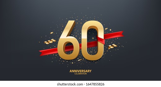 60th Year anniversary celebration background. 3D Golden number wrapped with red ribbon and confetti on black background.
