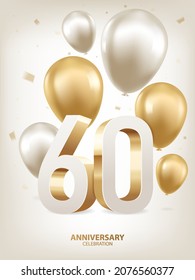 60th Year anniversary celebration background. Golden and silver balloons with confetti on white background with 3D numbers.
