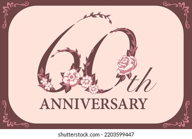 60th year anniversary template. Flolal font. Vector illustration.