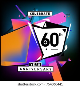 60th years anniversary card with colorful background. Sixty years birthday logo on geometric colorful background.