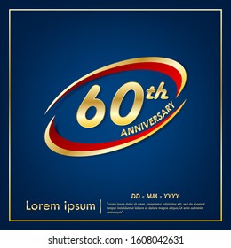 60th years anniversary celebration emblem. anniversary elegance golden logo with red ring on blue background, vector illustration template design for web, celebration greeting and invitation card