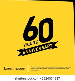 60th years anniversary celebration emblem. black logo isolated with ribbon on yellow background. vector illustration template design for web, flyers, poster, greeting card and invitation card