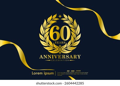 60th years anniversary celebration emblem. elegant golden anniversary logo isolated with laurel wreath and ribbon on black background. vector illustration template design 