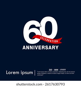 60th years anniversary celebration emblem. elegant anniversary logo isolated with red ribbon on dark blue background. vector illustration template design for web, flyers, poster, invitation card