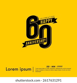 60th years anniversary celebration emblem. black logo isolated with ribbons on yellow background. vector illustration template design for web, flyers, poster, greeting card and invitation card