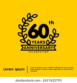 60th years anniversary celebration emblem. anniversary logo isolated with laurel wreath and ribbon on yellow background. vector illustration template design for web, flyers, poster, greeting card
