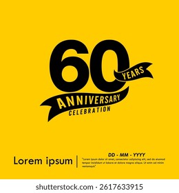 60th years anniversary celebration emblem. black logo isolated with ribbon on yellow background. vector illustration template design for web, flyers, poster, greeting card and invitation card
