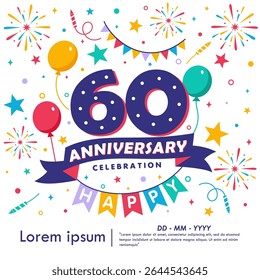 60th years anniversary celebration emblem. congratulations anniversary logo isolated with balloons, bunting flag, ribbon, fireworks and stars. vector illustration template design for web banner