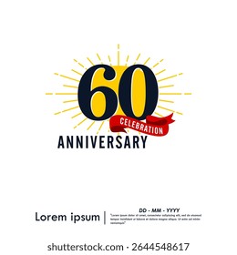 60th years anniversary celebration emblem. congratulations anniversary logo isolated with red ribbon and starburst on white background. vector illustration template design for web banner