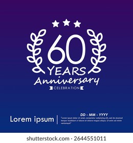 60th years anniversary celebration emblem. congratulations anniversary logo isolated with laurel wreath and stars and ribbon on dark blue background. vector illustration template design for web banner