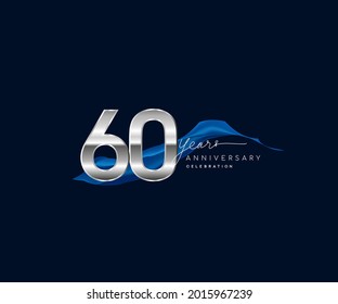 60th Years Anniversary celebration logotype silver colored with blue ribbon and isolated on dark blue background