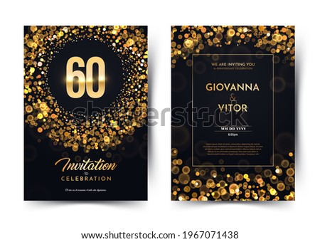 60th years birthday vector black paper luxury invitation double card. Sixty years wedding anniversary celebration brochure. Template of invitational for print dark background with bokeh lights