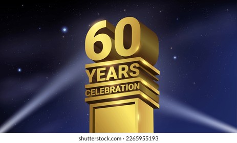 60th Years Celebration, 3D Gold Statue with Spotlights, Luxury Hollywood Light, Vector Illustration