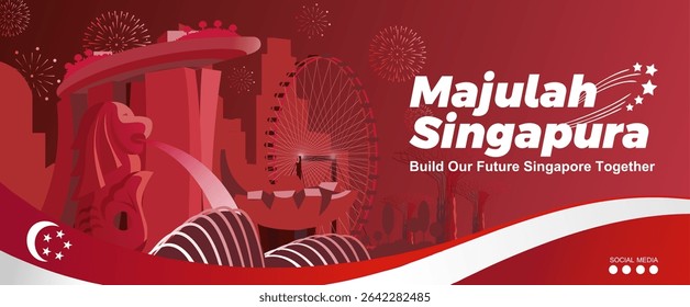 60th years Singapore National Day or Independence Day 2025 theme design - Majulah Singapura : Build Our Singapore Together. Singapore iconic landmarks and fireworks. Vector Illustration