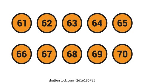 61, 62, 63, 64, 65, 66, 67, 68, 69 and 70 Number icon vector Orange Circle with Black design