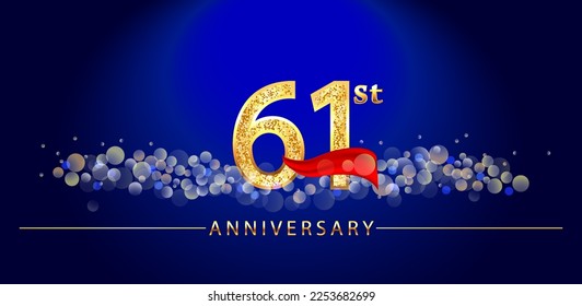 61 anniversary celebration. 61st anniversary celebration. 61 year anniversary celebration logo with glitter, confetti, red ribbon and blue background.