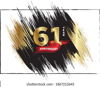 61 Anniversary celebration, Luxury anniversary template over gold and black brush, Golden number with red ribbon isolation background, Party event decoration, Vector.