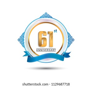 61 anniversary design golden color on circle with blue ornament and ribbon for celebration event 