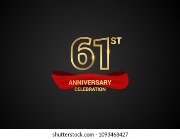 61 anniversary logotype design with line golden color and red isolated on dark background