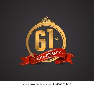 61 anniversary logotype style design luxury  golden color and ornament with warp red ribbon for company celebration event