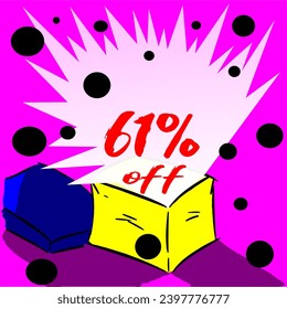 61% box releasing discount for sale, illustration, yellow, blue, purple, white, red and black
