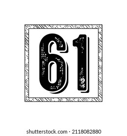 61 Classic Vintage Sport Jersey Uniform numbers in black with a black outside contour line number on white background for American football, Baseball and Basketball