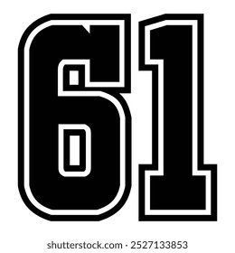 61 Classic Vintage Sport Jersey  Uniform numbers in black with a black outside contour line number on white background for American football, Baseball and Basketball or soccer
