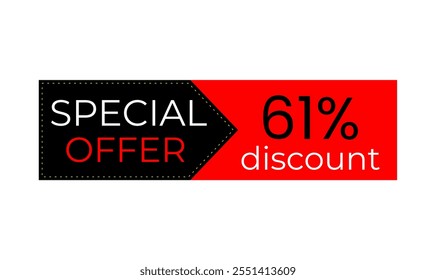 61% discount banner. Black and red banner. Offer tag. Shop promotions, commerce sales. Vector design. Sixty one percent off.