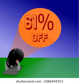 61% gray, black and red reflector iluminates promotions and discounts in the blue sky, in orange