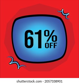 61% off, 61 percent, blue icon, red background