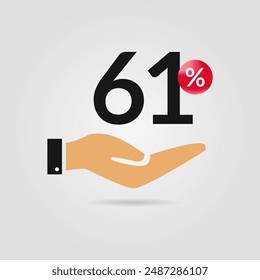 61% de descuento en promoción. Sesenta y uno por ciento de descuento con icono de mano. Símbolo de venta. Descuento en composición creativa. Ilustración vectorial.