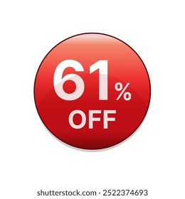 61% off red discount button. Sixty one percent off shopping sale discount emblem in red. Special offer symbol. Vector illustration.