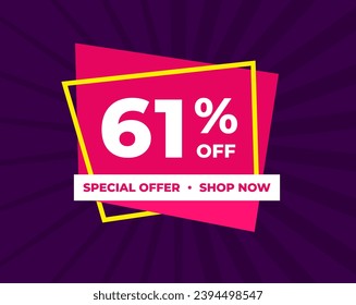 61% off, sixty one percent, special offer, shop now. Background Label. Purple and pink. Discount special offer. Banner with offer emblem. Modern concept design. Vector illustration.