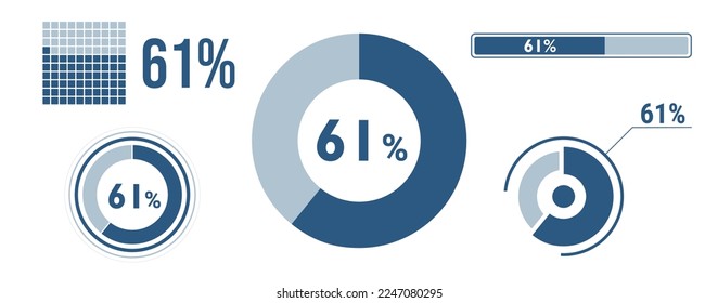 61 percent loading data icon set. Sixty-one circle diagram, pie donut chart, progress bar. 61% percentage infographic. Vector concept collection, blue color.