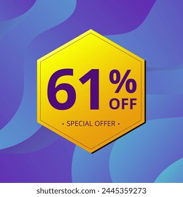 61% Sale and Discount Label. Sixty one percent Sale Discount label Geometric design. Abstract Blue and Yellow Hexagon. Vector illustration.