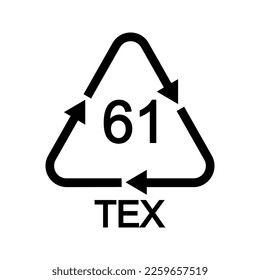 61 TEX recycling sign in triangular shape with arrows. Jute reusable icon isolated on white background. Environmental protection concept. Vector graphic illustration