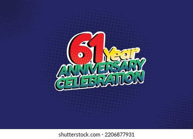 61 year anniversary celebration fun style logotype. anniversary logo with red, purple and blue color isolated on red background, vector design for celebration, invitation and greeting card - Vector