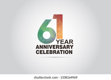 61 year anniversary celebration logotype with watercolor Green and Orange Emboss Style isolated on white background for invitation card, banner or flyer -vector