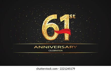 61 Year Anniversary celebration Vector Design with red ribbon and glitter. 61st Anniversary celebration. Gold Luxury Banner of 61st Anniversary. celebration card