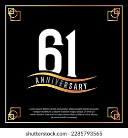 61 year anniversary logo design white golden abstract on black background with golden frame template illustration