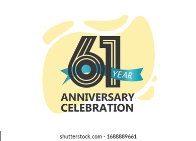 61 year anniversary, minimalist logo. jubilee, greeting card. Birthday invitation. year sign. Blue Ribbon space vector illustration on white background - Vector
